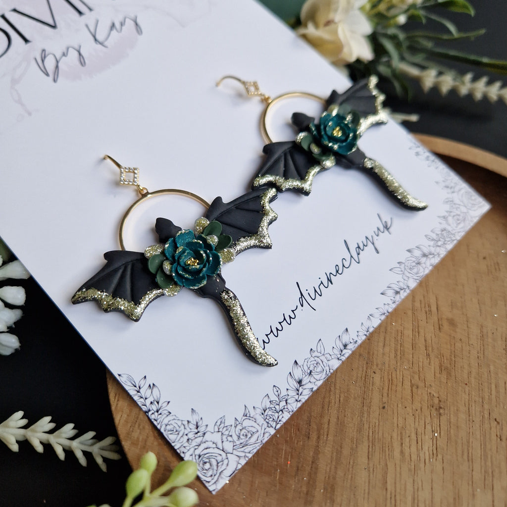 floral dragon earrings - gothic jewellery - gift ideas for her - elegant clay earrings