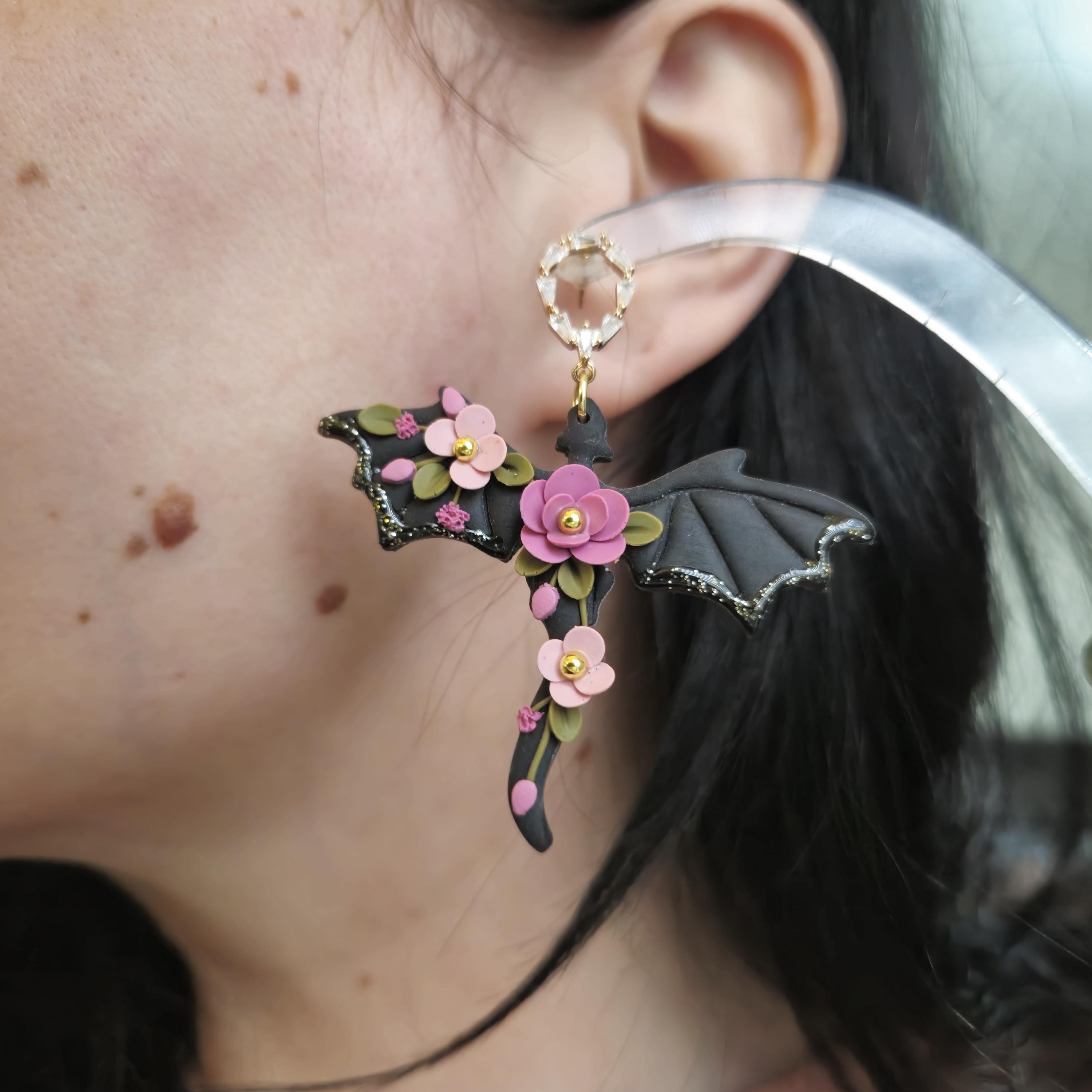 floral dragon earring giftset - gothic jewellery - gift ideas for her - elegant clay earrings