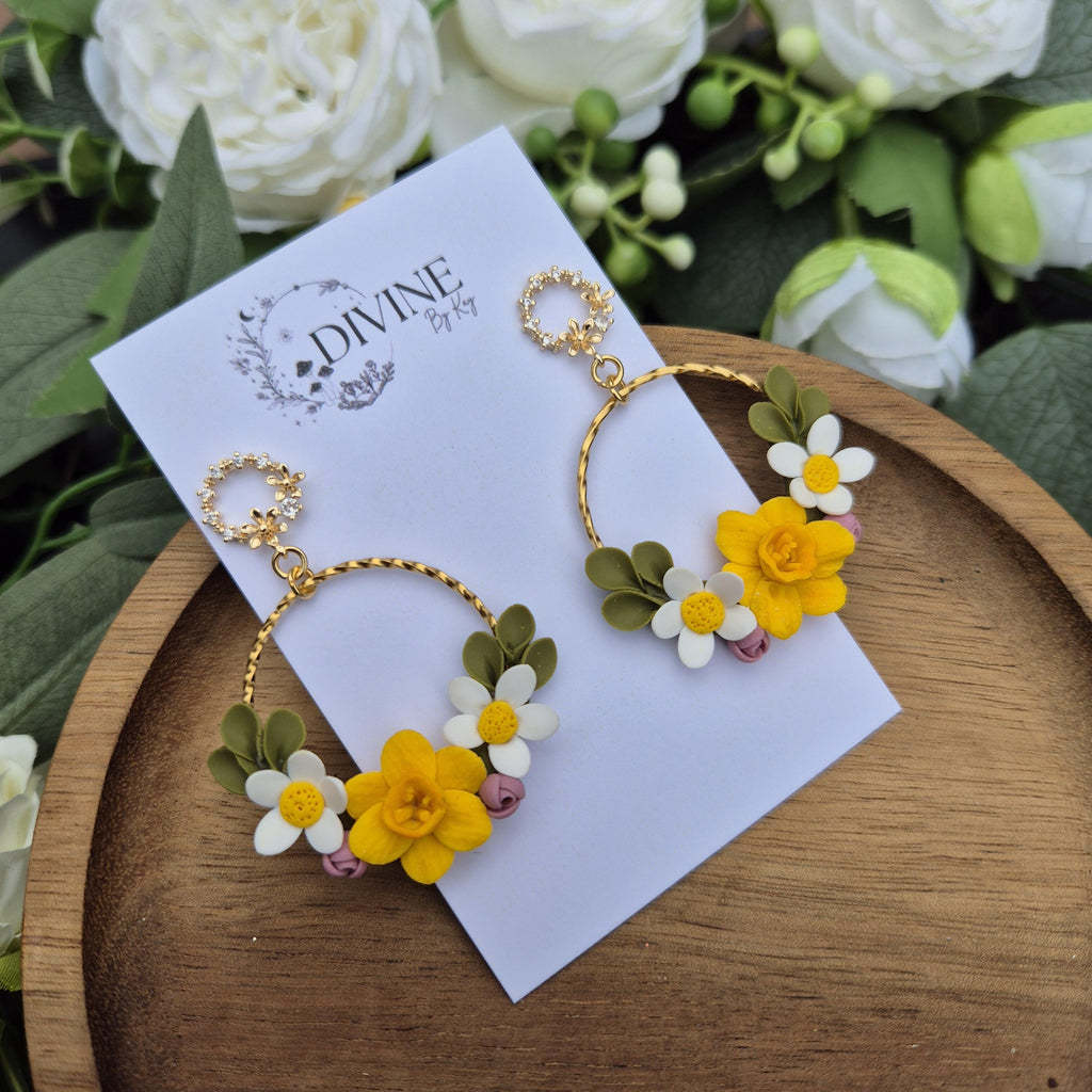 Spring floral dangle earrings - handmade earrings uk - clay earrings - divine clay