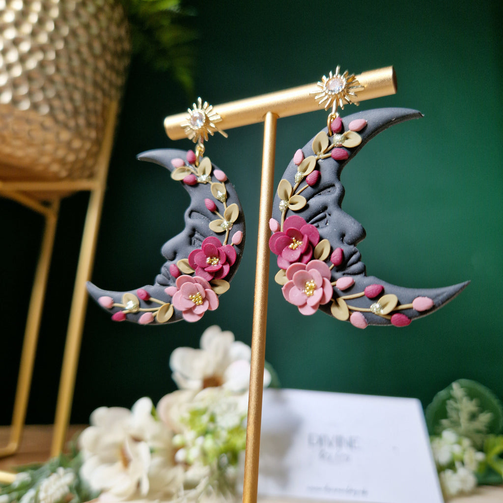 pink floral moon earrings, celestial jewellery, gifts for her