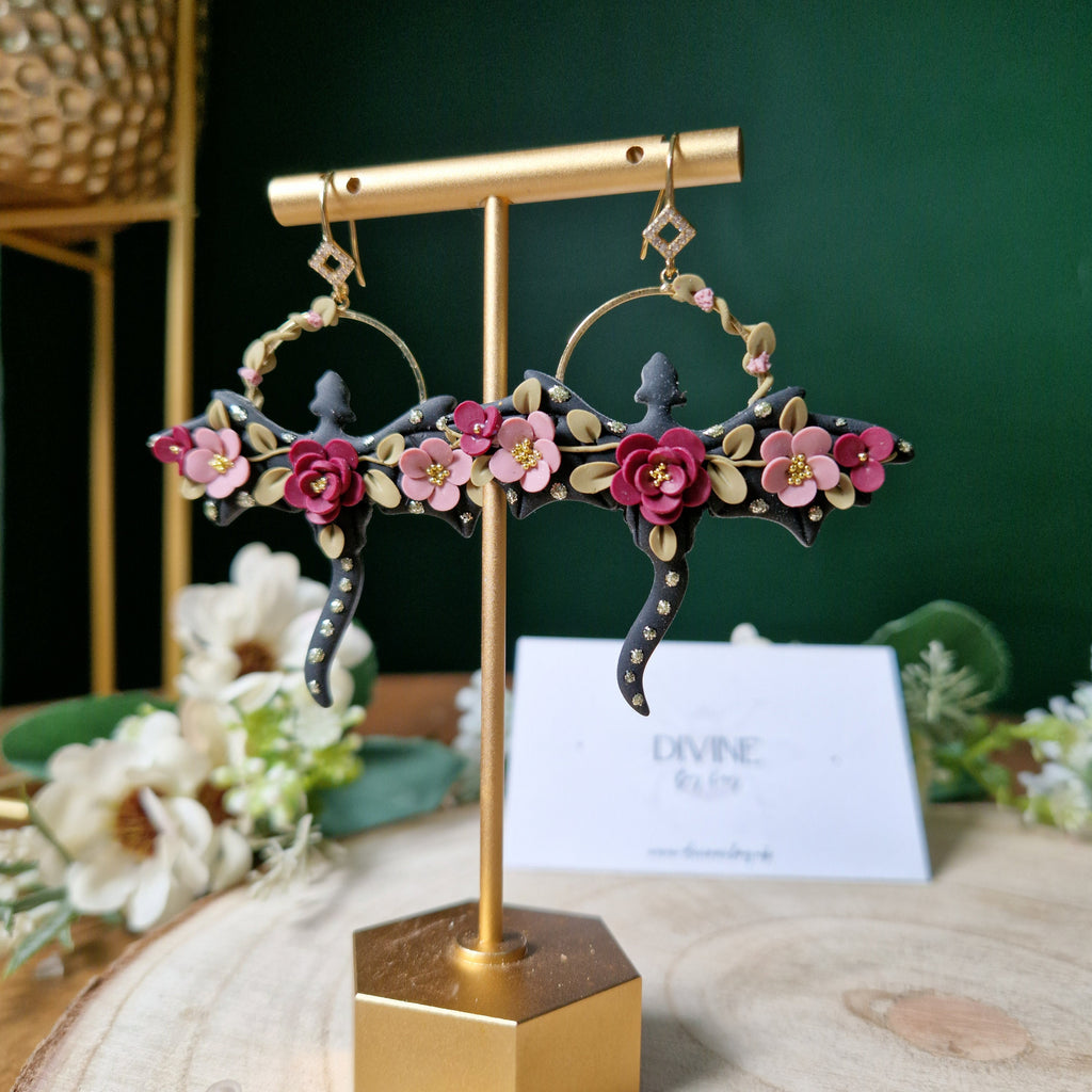 floral dragon earrings - gothic jewellery - gift ideas for her - elegant clay earrings