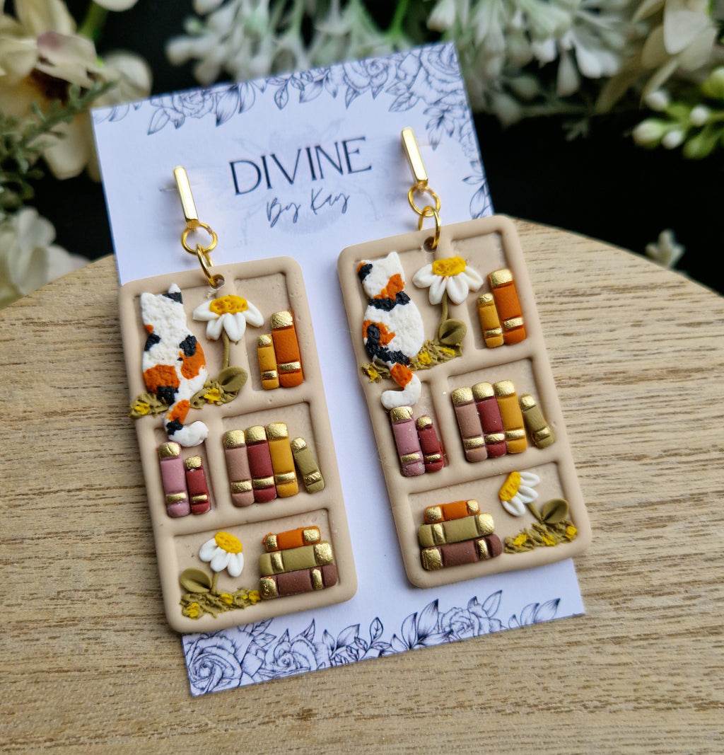 cat Book Earrings - book lover gifts - quirky earrings  - bookshelf earrings - book club gifts