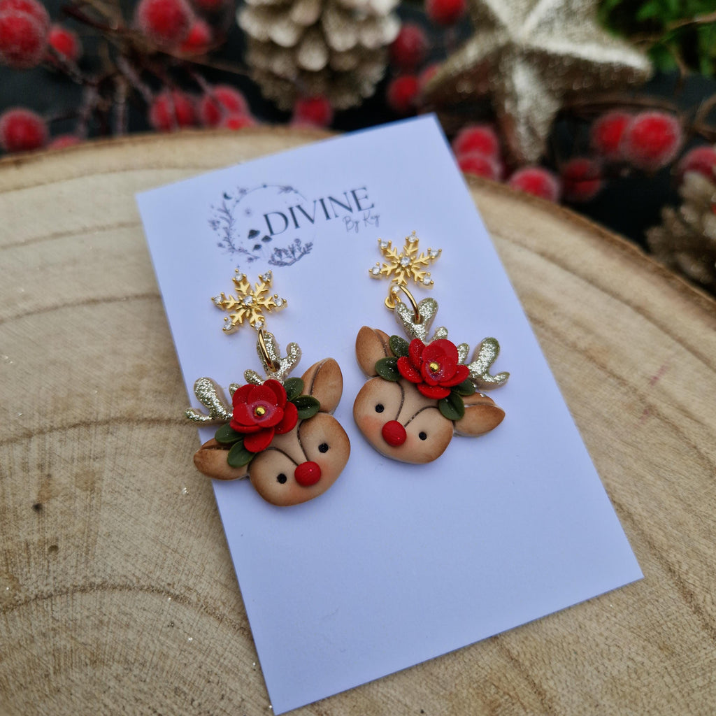 dainty reindeer dangle earrings, Christmas earrings, polymer clay earrings, handmade jewellery,