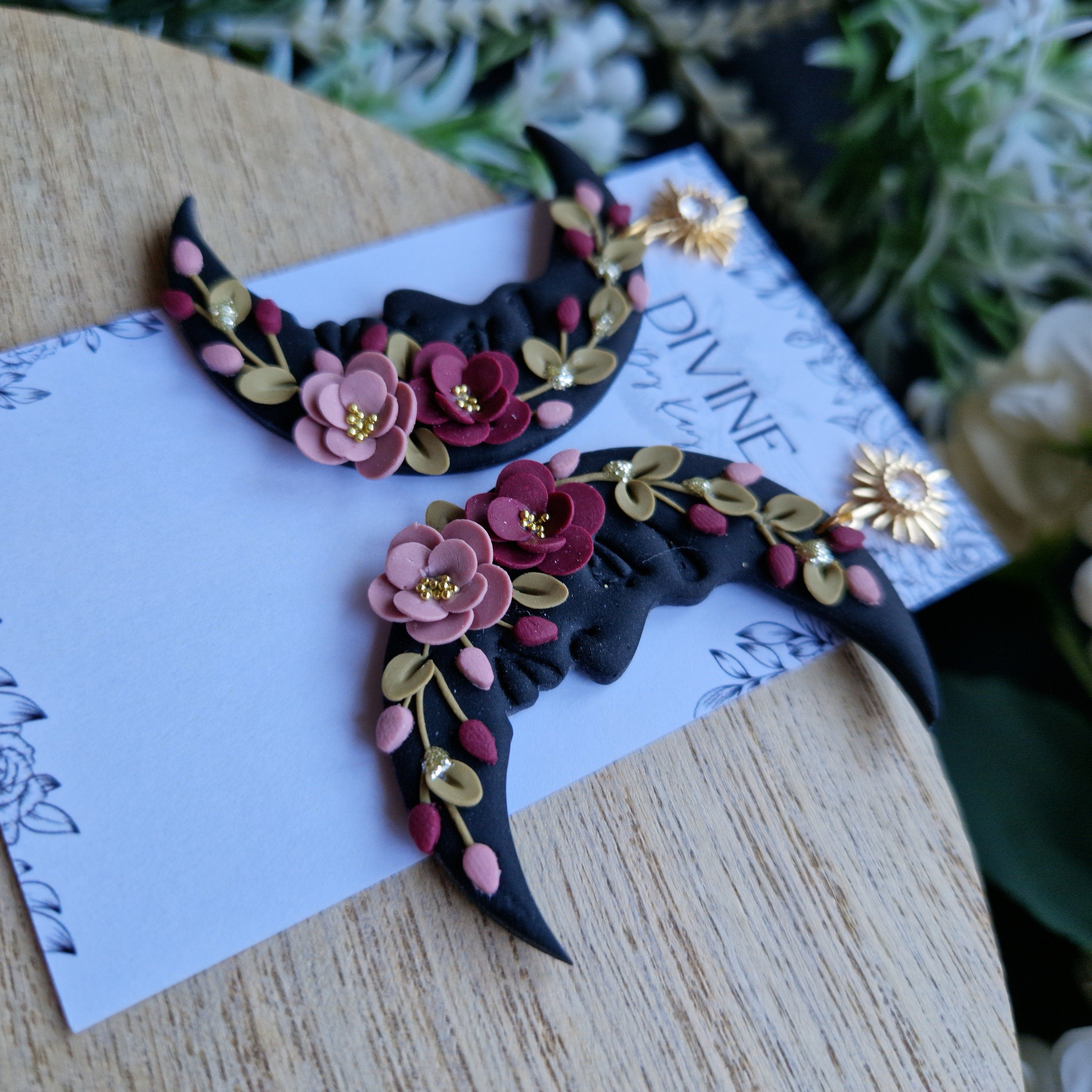 pink floral moon earrings, celestial jewellery, gifts for her