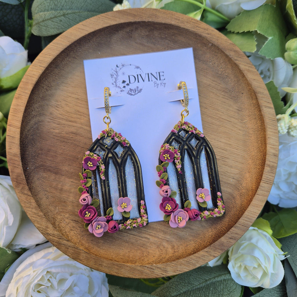 gothic window earrings - stained glass windows - celestial dangle earrings