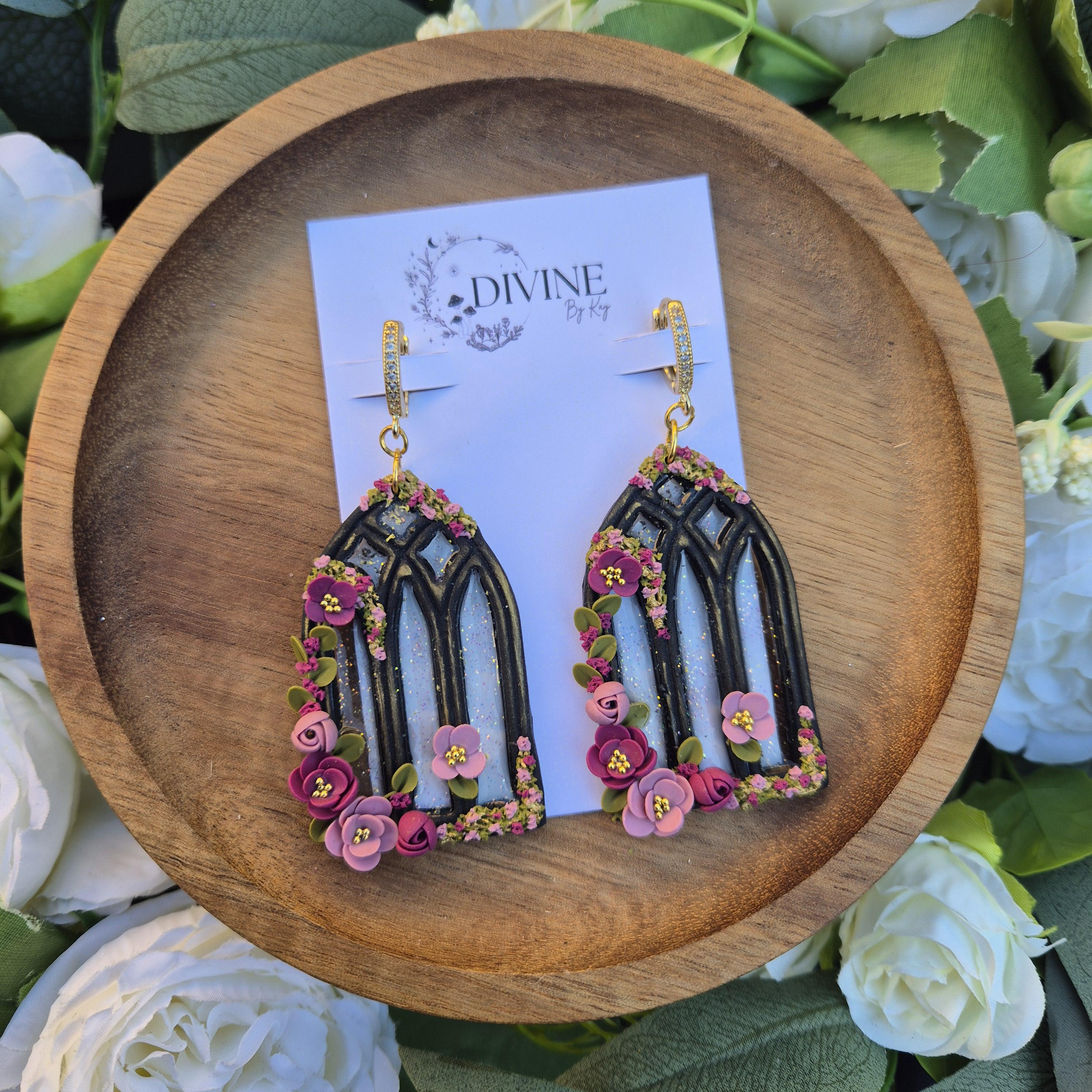 gothic window earrings - stained glass windows - celestial dangle earrings