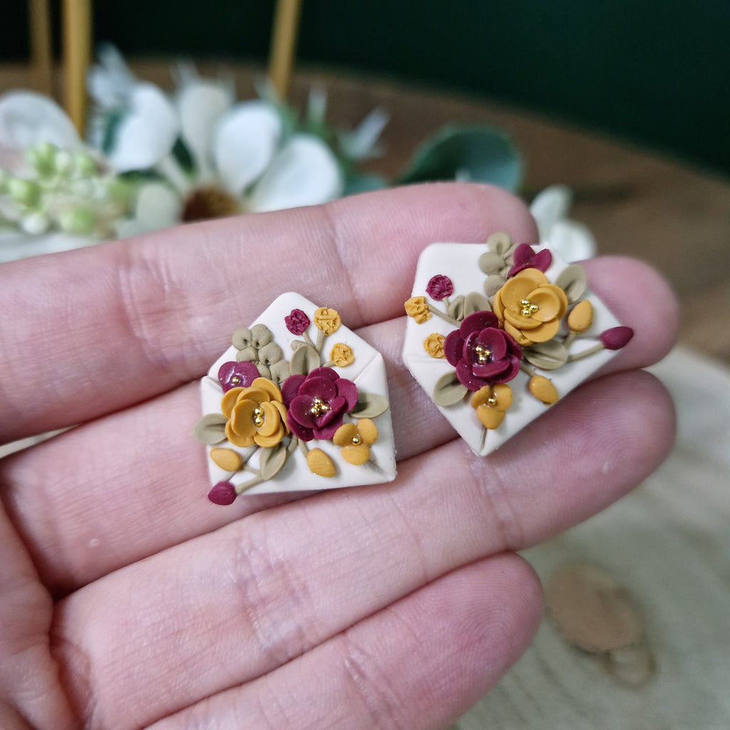 Floral envelope stud earrings - clay earrings - quirky earrings - gifts for her - statement jewellery