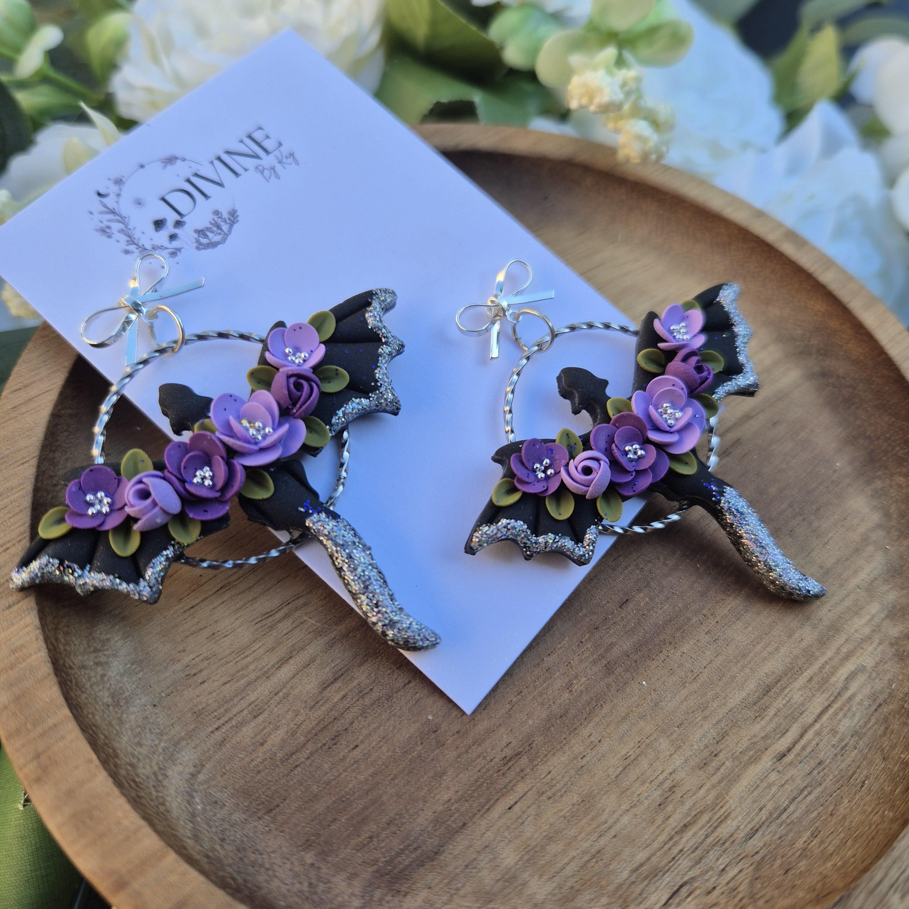 purple silver dragon earrings - gothic jewellery - gift ideas for her - elegant clay earrings