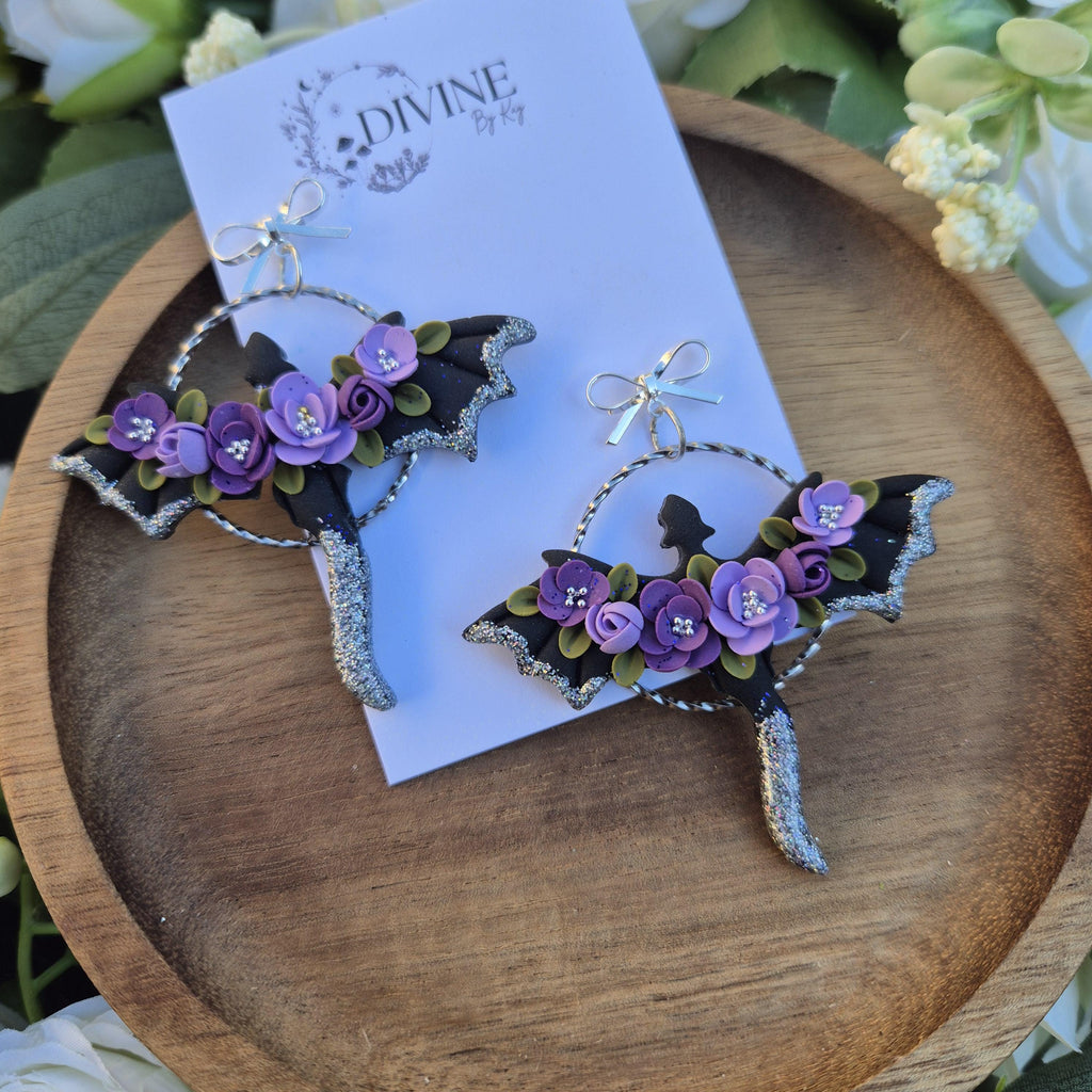 purple silver dragon earrings - gothic jewellery - gift ideas for her - elegant clay earrings