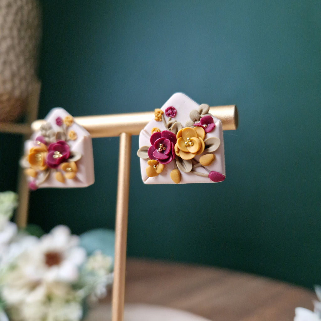 Floral envelope stud earrings - clay earrings - quirky earrings - gifts for her - statement jewellery