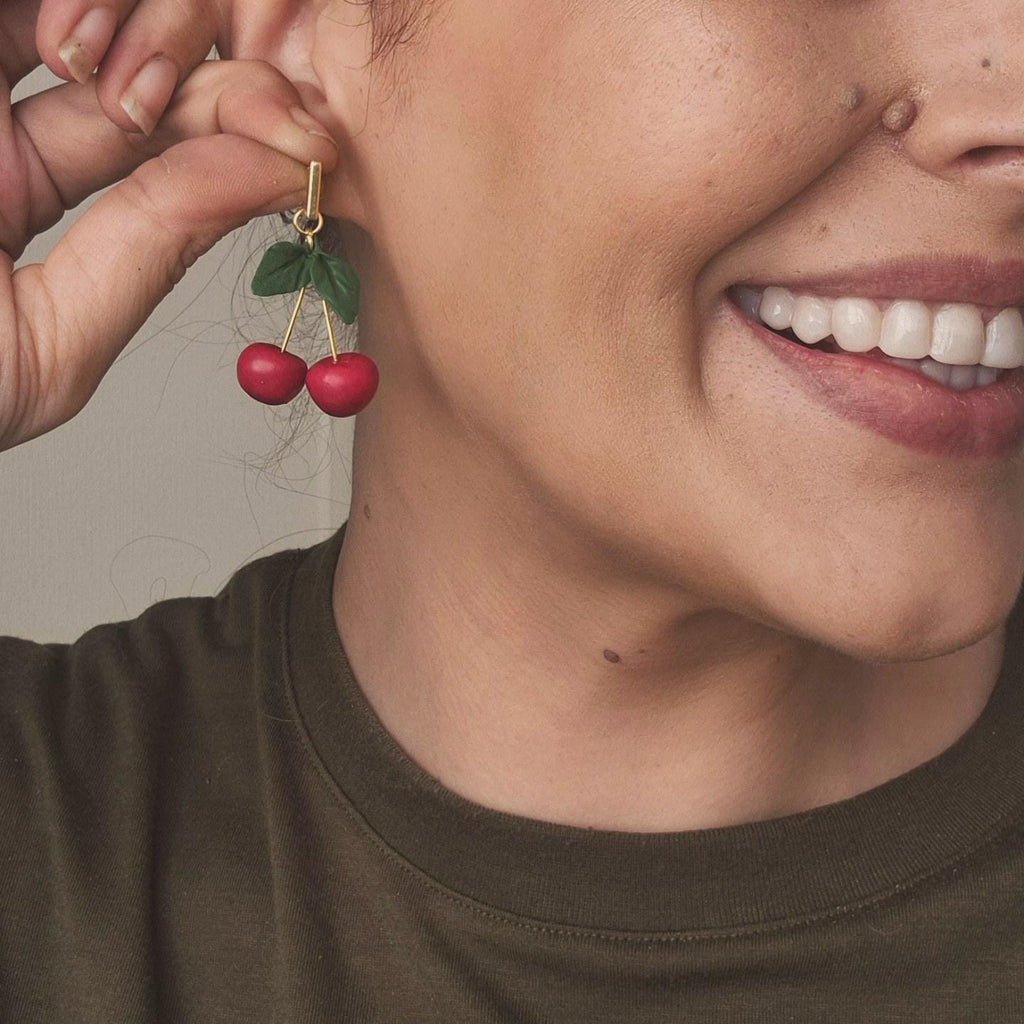 Cherry fruit  dangle earrings, minimalist earrings, festive earrings, secret santa gift, nature inspired gift, summer earrings for her
