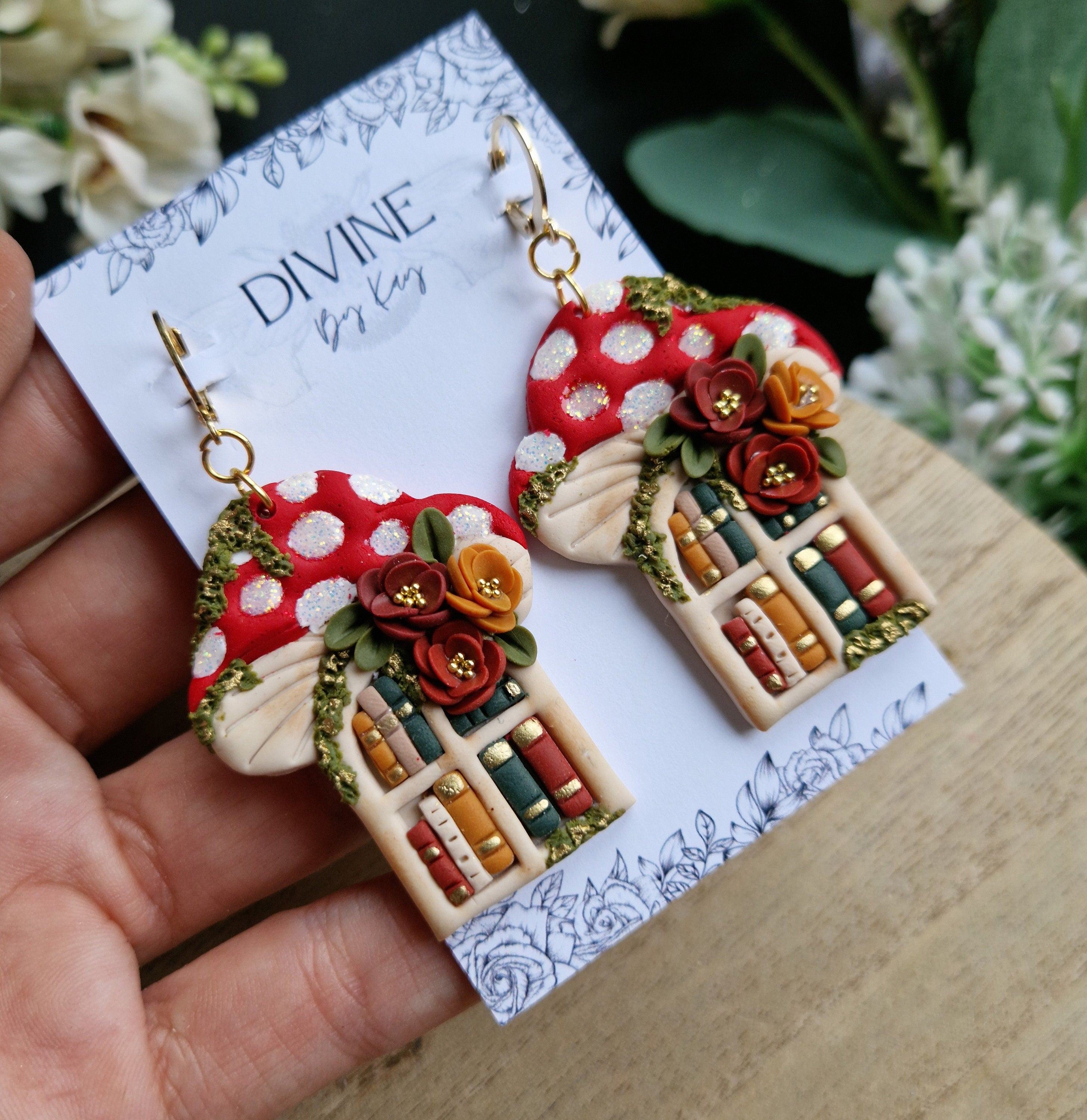 Mushroom Book Earrings - book lover gifts - quirky earrings  - bookshelf earrings - book club gifts