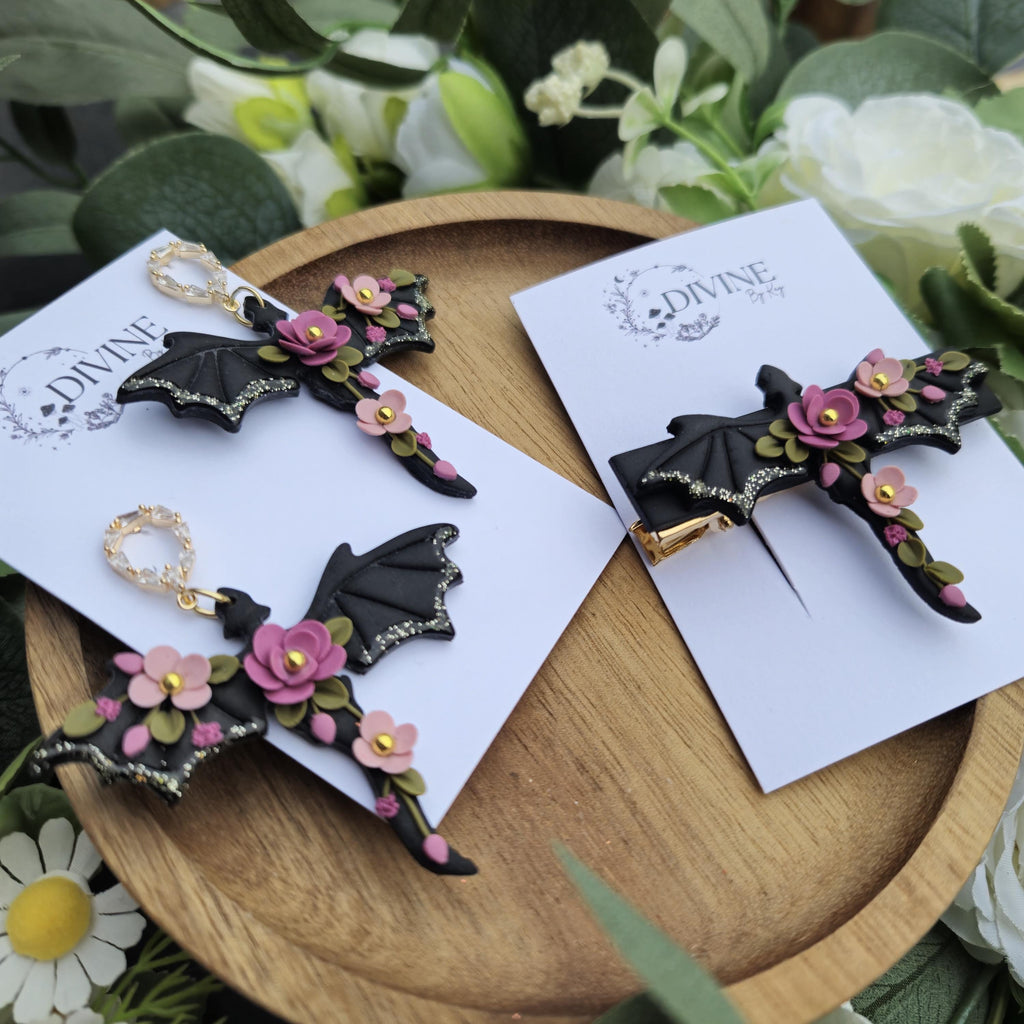 floral dragon earring giftset - gothic jewellery - gift ideas for her - elegant clay earrings