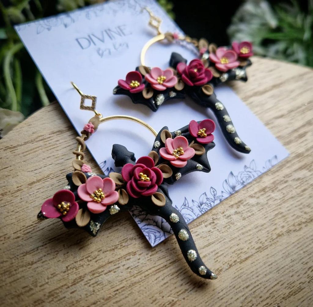floral dragon earrings - gothic jewellery - gift ideas for her - elegant clay earrings