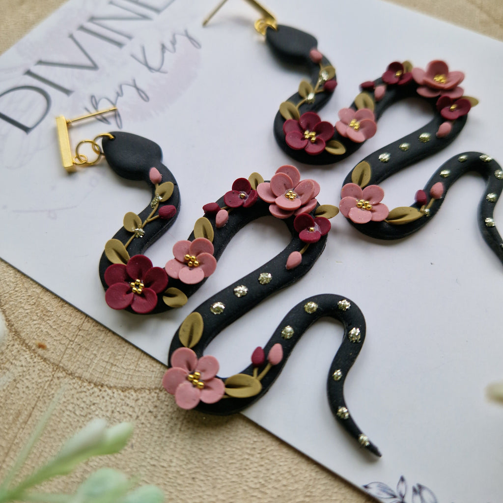pink floral snake earrings - flower earrings - handmade clay earrings - gifts for her - birthday gift - mothers day - best friend gift