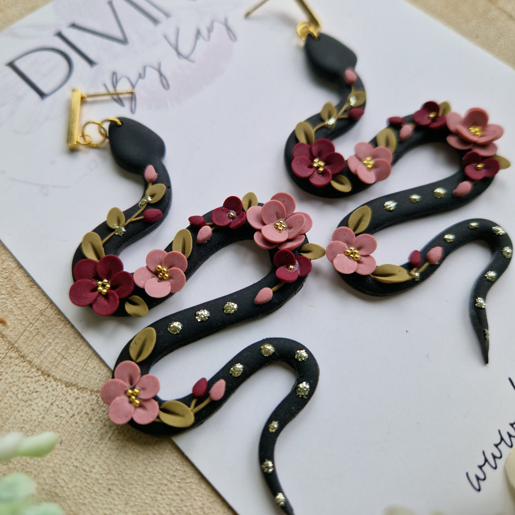 pink floral snake earrings - flower earrings - handmade clay earrings - gifts for her - birthday gift - mothers day - best friend gift