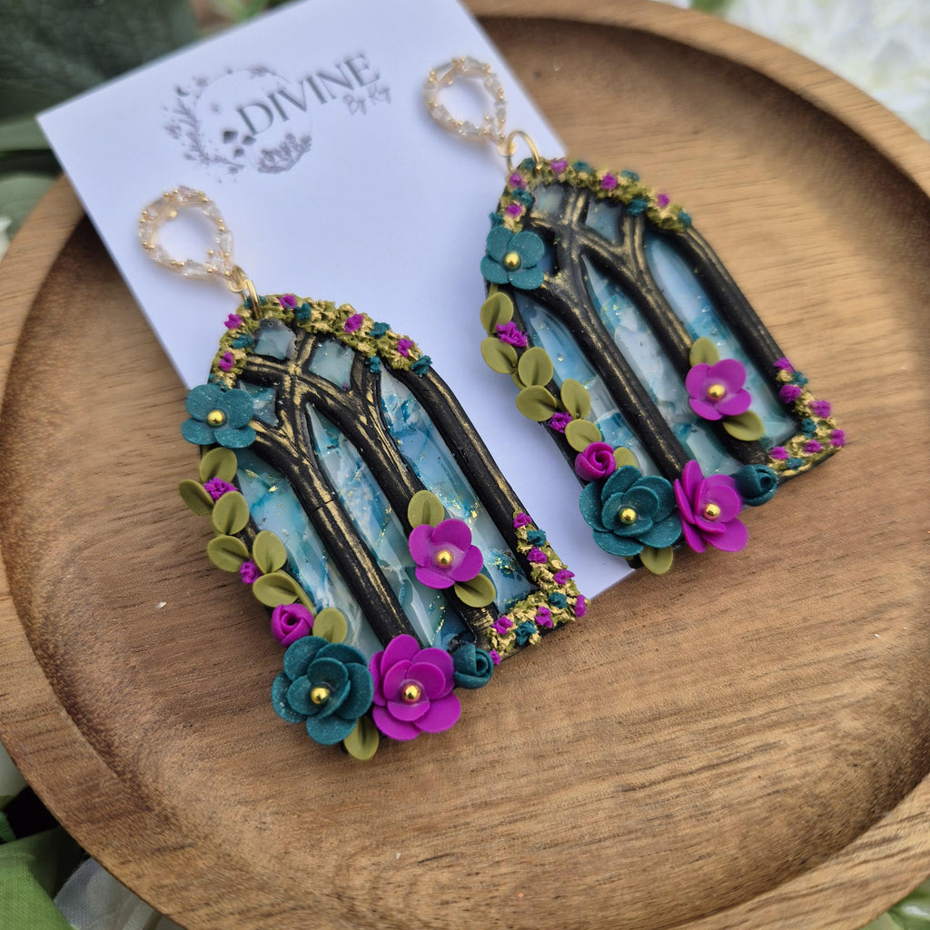 gothic window earrings - stained glass windows - celestial dangle earrings
