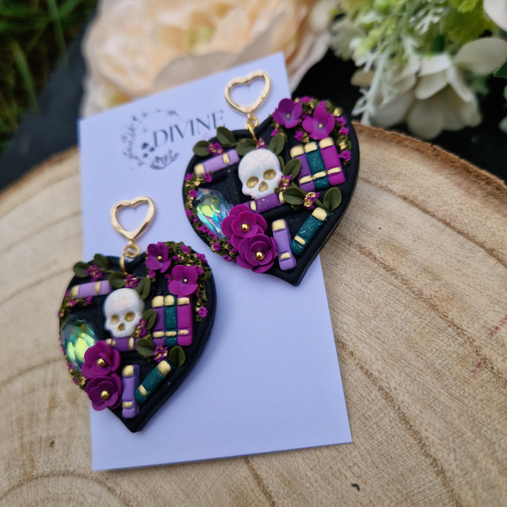 skull heart Book Earrings - book lover gifts - quirky earrings  - bookshelf earrings - book club gifts