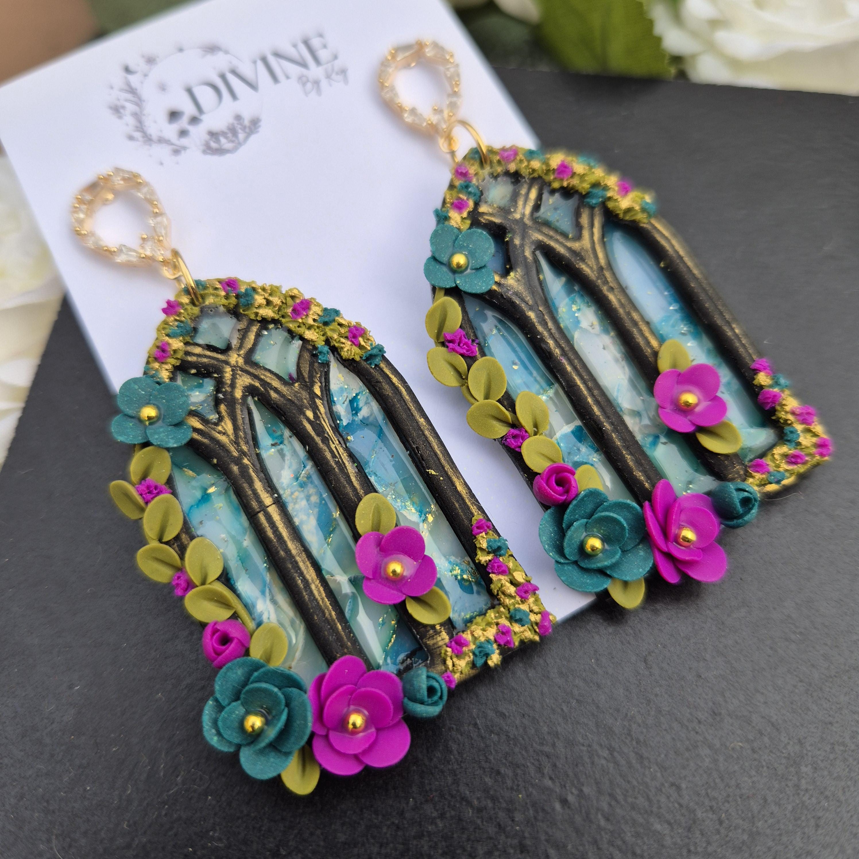 gothic window earrings - stained glass windows - celestial dangle earrings