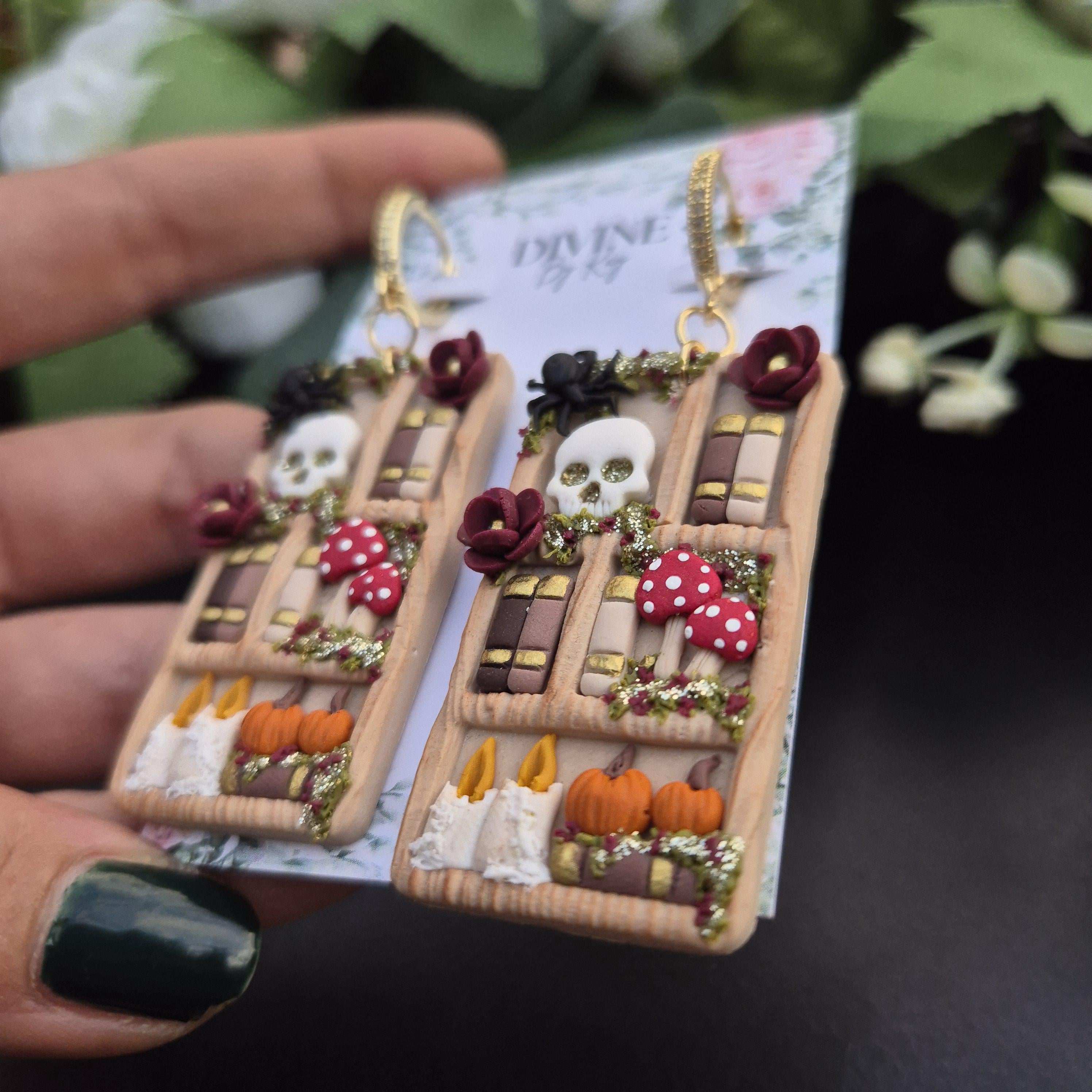 spooky skull Book Earrings - book lover gifts - quirky earrings  - bookshelf earrings - book club gifts