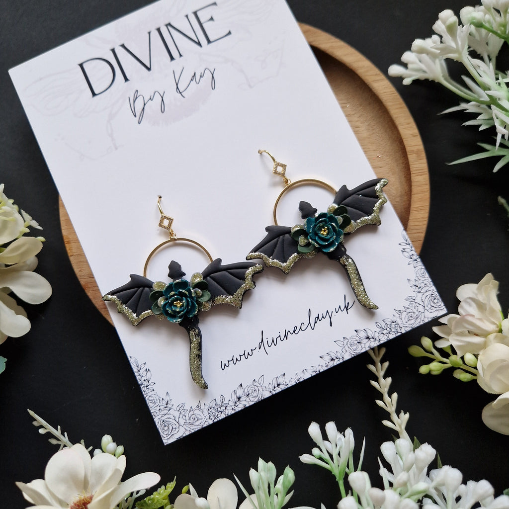 floral dragon earrings - gothic jewellery - gift ideas for her - elegant clay earrings