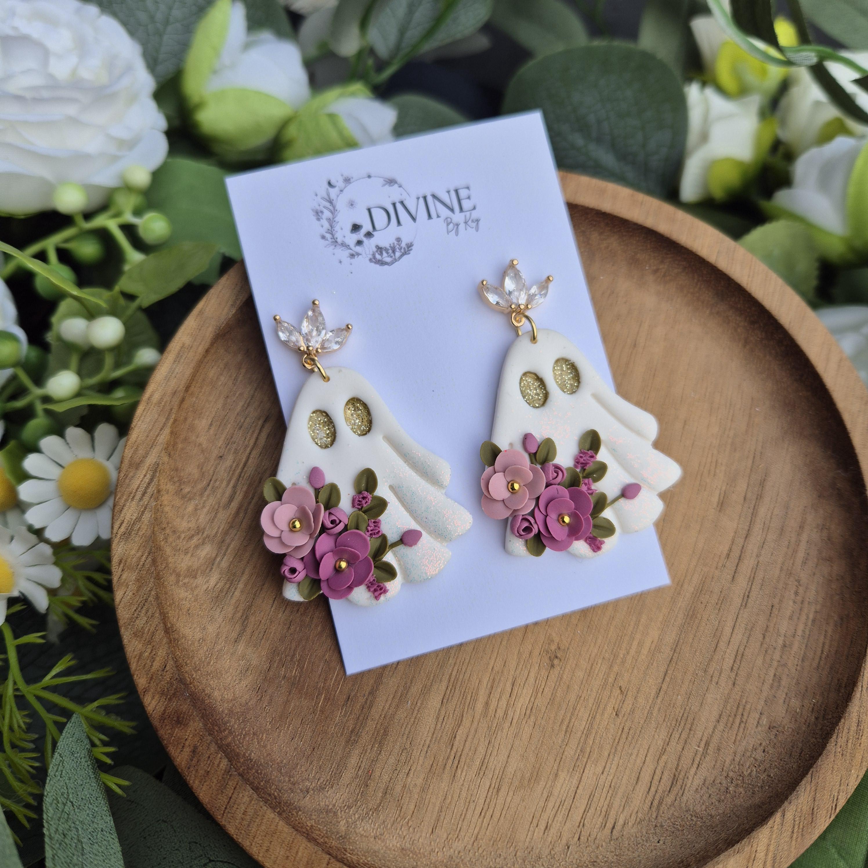 pink ghost earrings - whimsical jewellery - halloween earrings - unique earrings - clay earrings uk