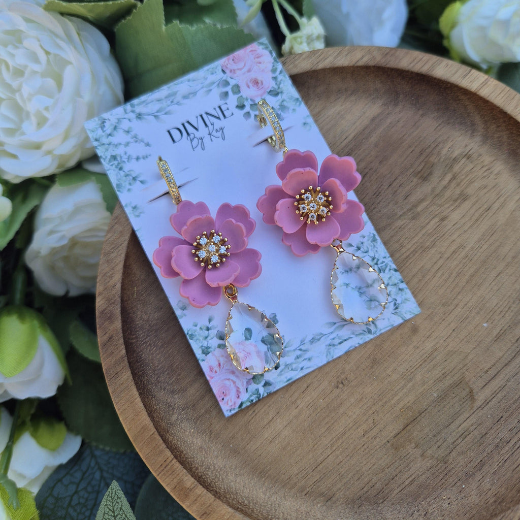 elegant pink dangle earrings - clay earrings  - gifts for her - flower earrings