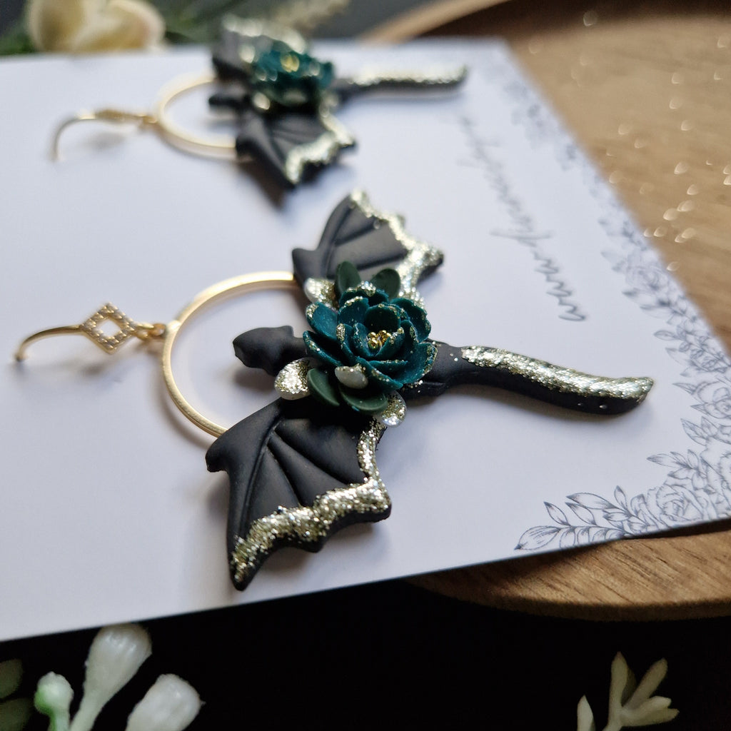 floral dragon earrings - gothic jewellery - gift ideas for her - elegant clay earrings