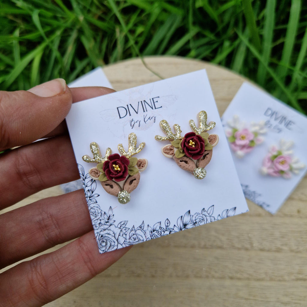 sterling silver reindeer earrings, dainty reindeer studs, polymer clay earrings, handmade jewellery,