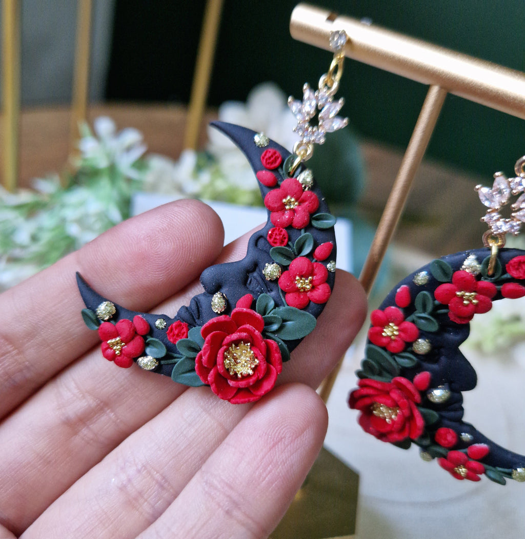 black & red floral moon earrings, celestial jewellery, gifts for her