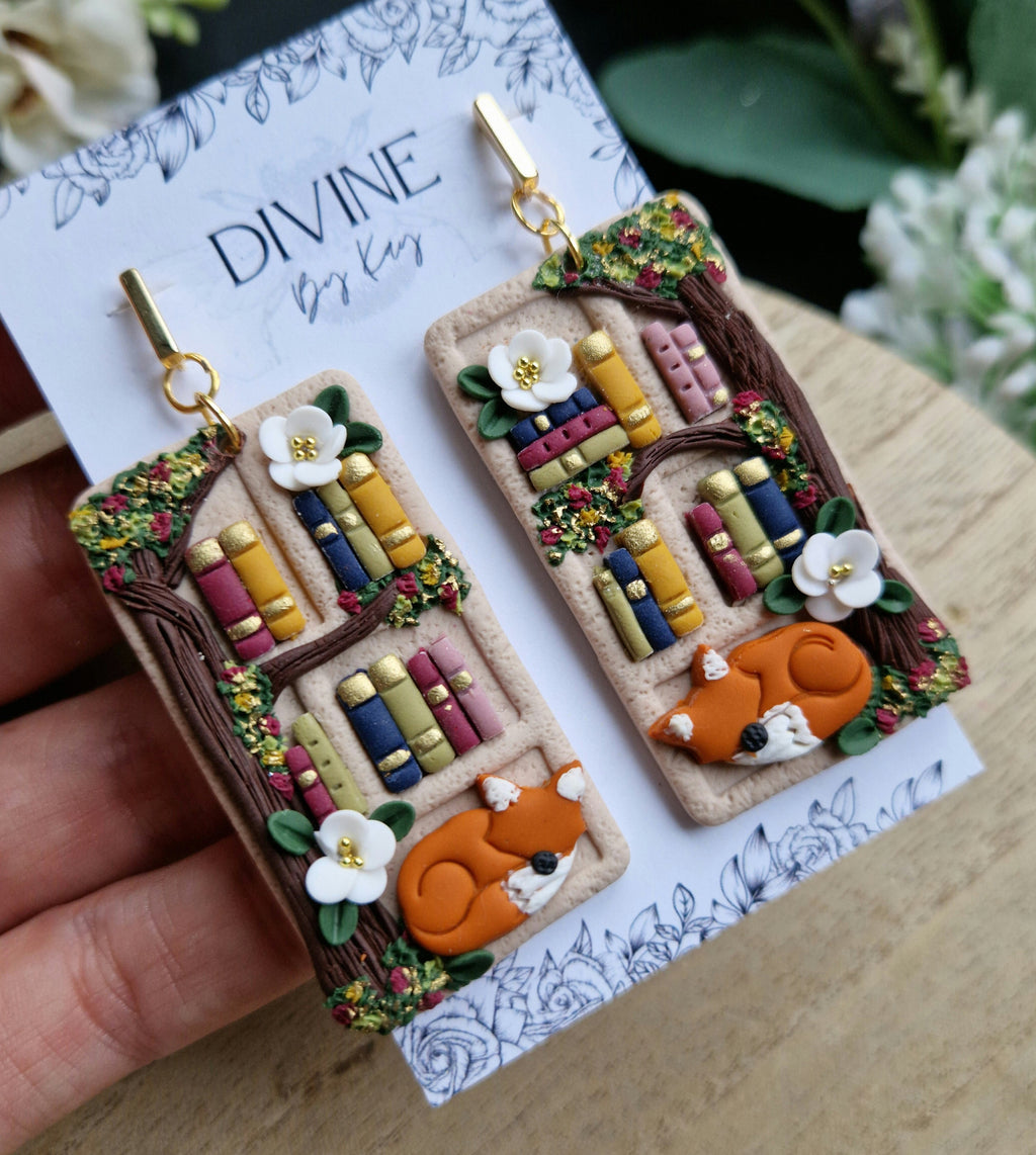 fox Book Earrings - book lover gifts - quirky earrings  - bookshelf earrings - book club gifts