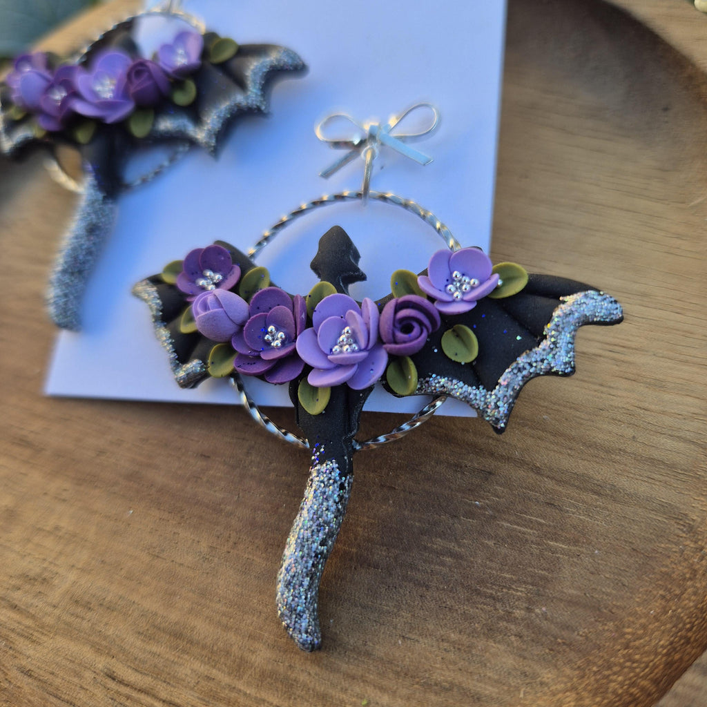 purple silver dragon earrings - gothic jewellery - gift ideas for her - elegant clay earrings