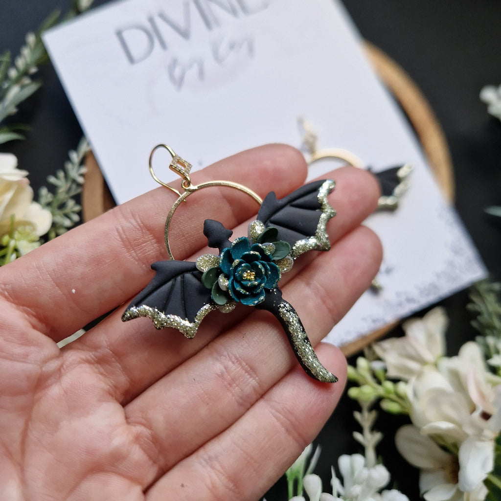 floral dragon earrings - gothic jewellery - gift ideas for her - elegant clay earrings