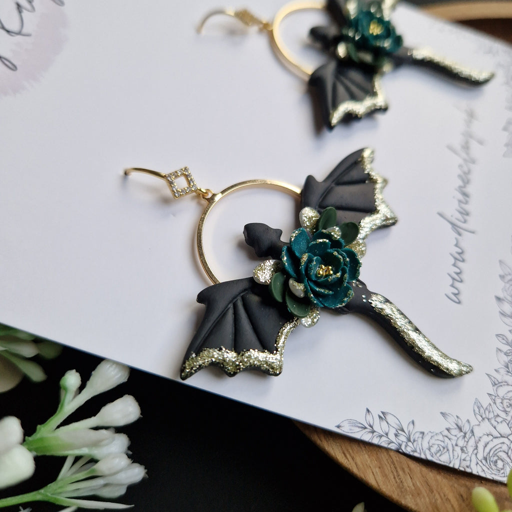 floral dragon earrings - gothic jewellery - gift ideas for her - elegant clay earrings