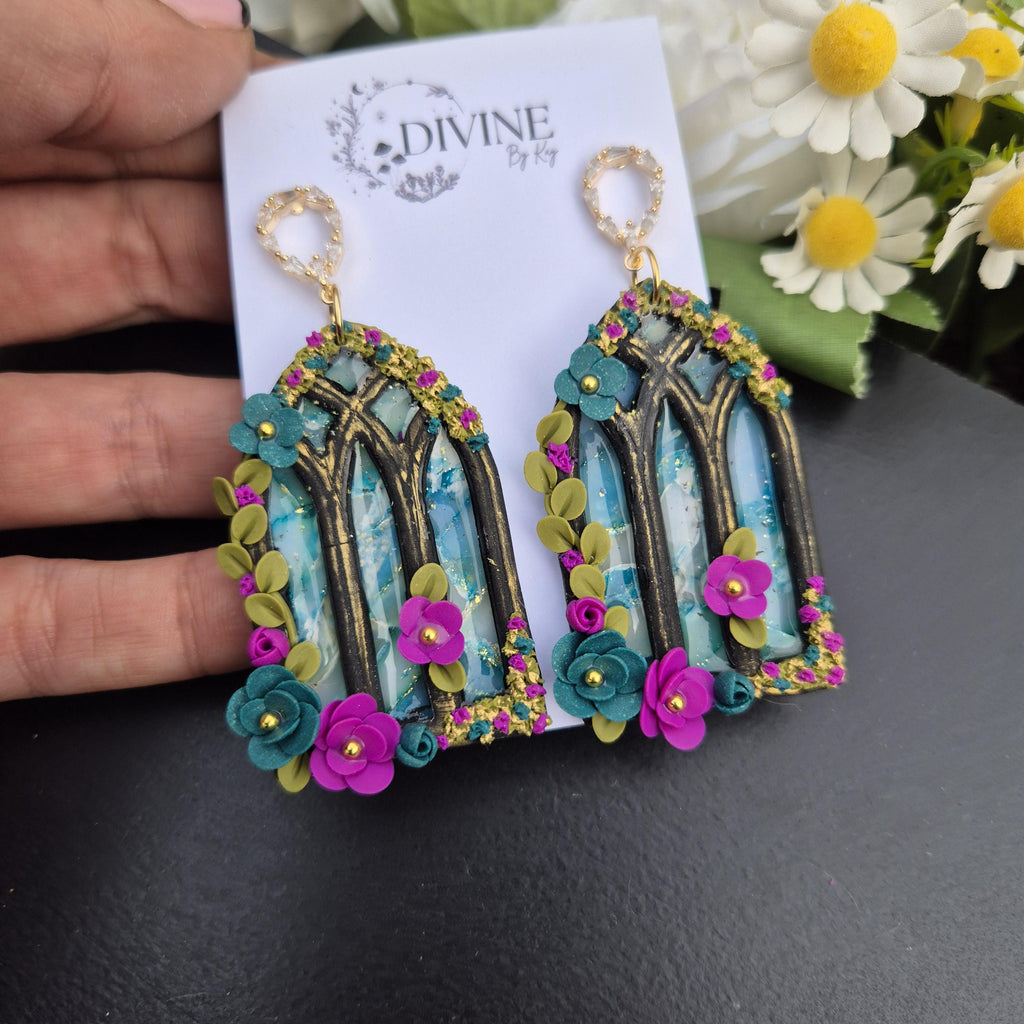gothic window earrings - stained glass windows - celestial dangle earrings