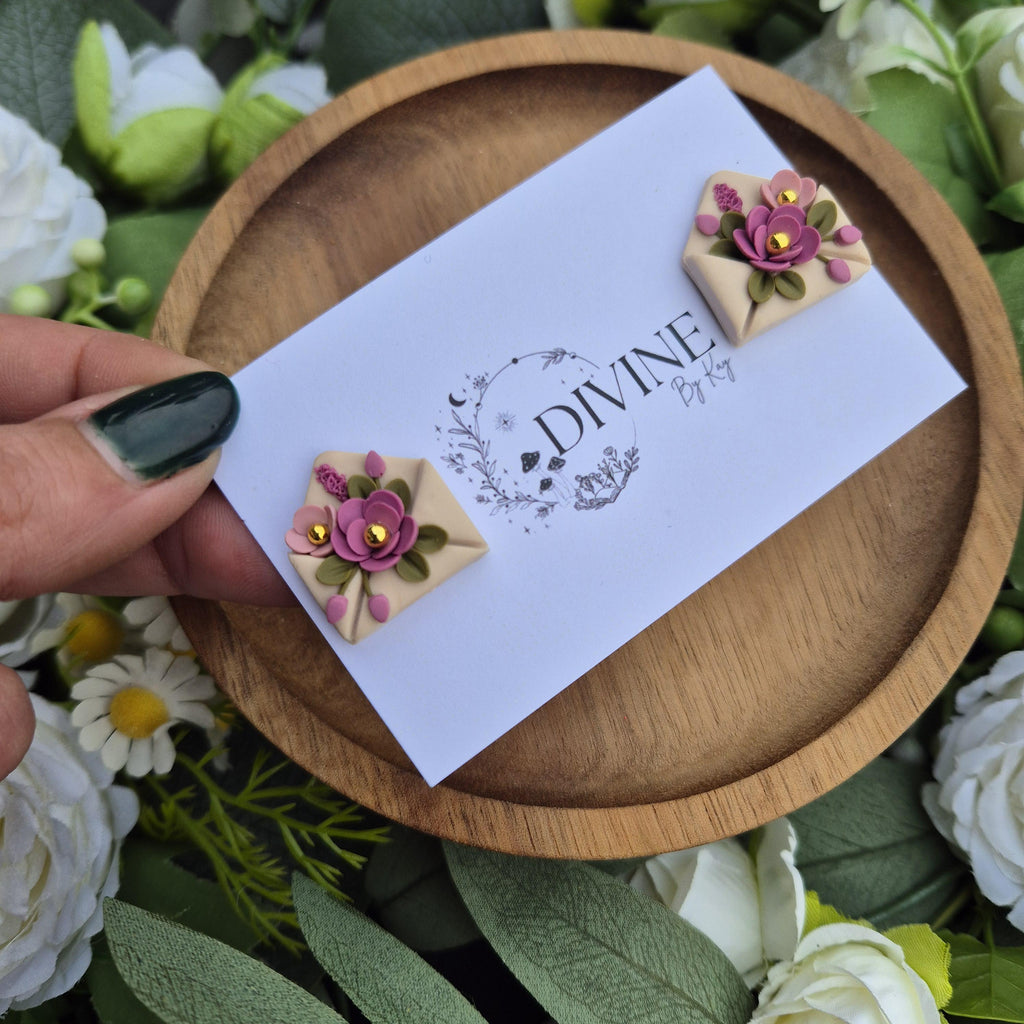 Floral envelope stud earrings - clay earrings - quirky earrings - gifts for her - statement jewellery