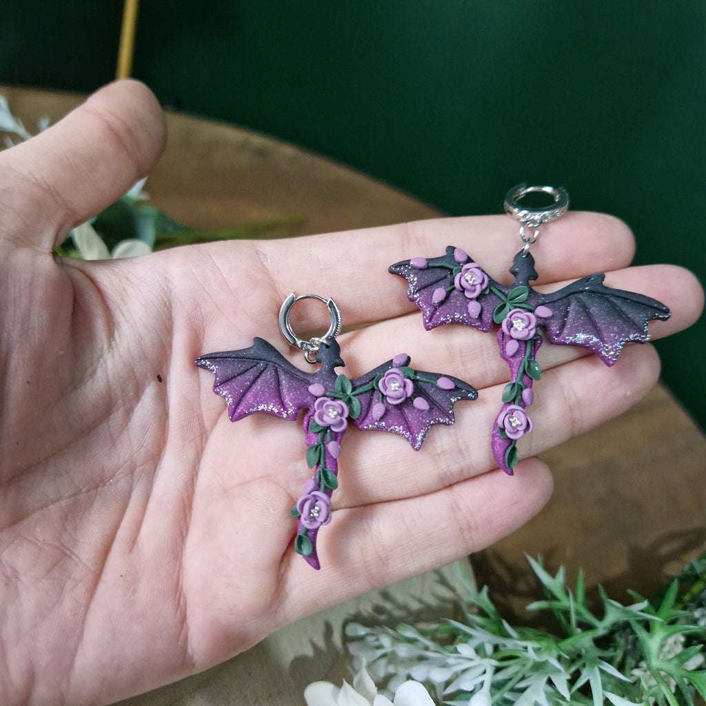 purple ombre dragon earrings - gothic jewellery - gift ideas for her - elegant clay earrings