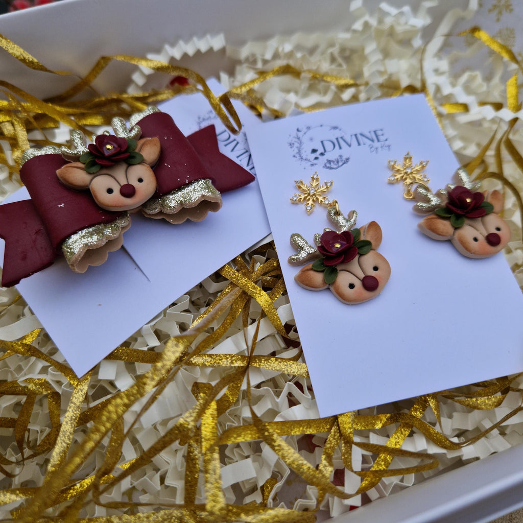 reindeer jewellery gift set, Christmas earrings, polymer clay earrings, handmade jewellery,
