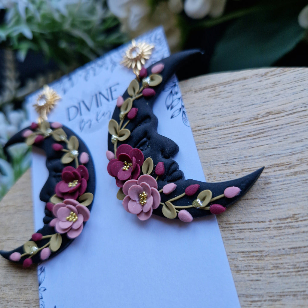 pink floral moon earrings, celestial jewellery, gifts for her