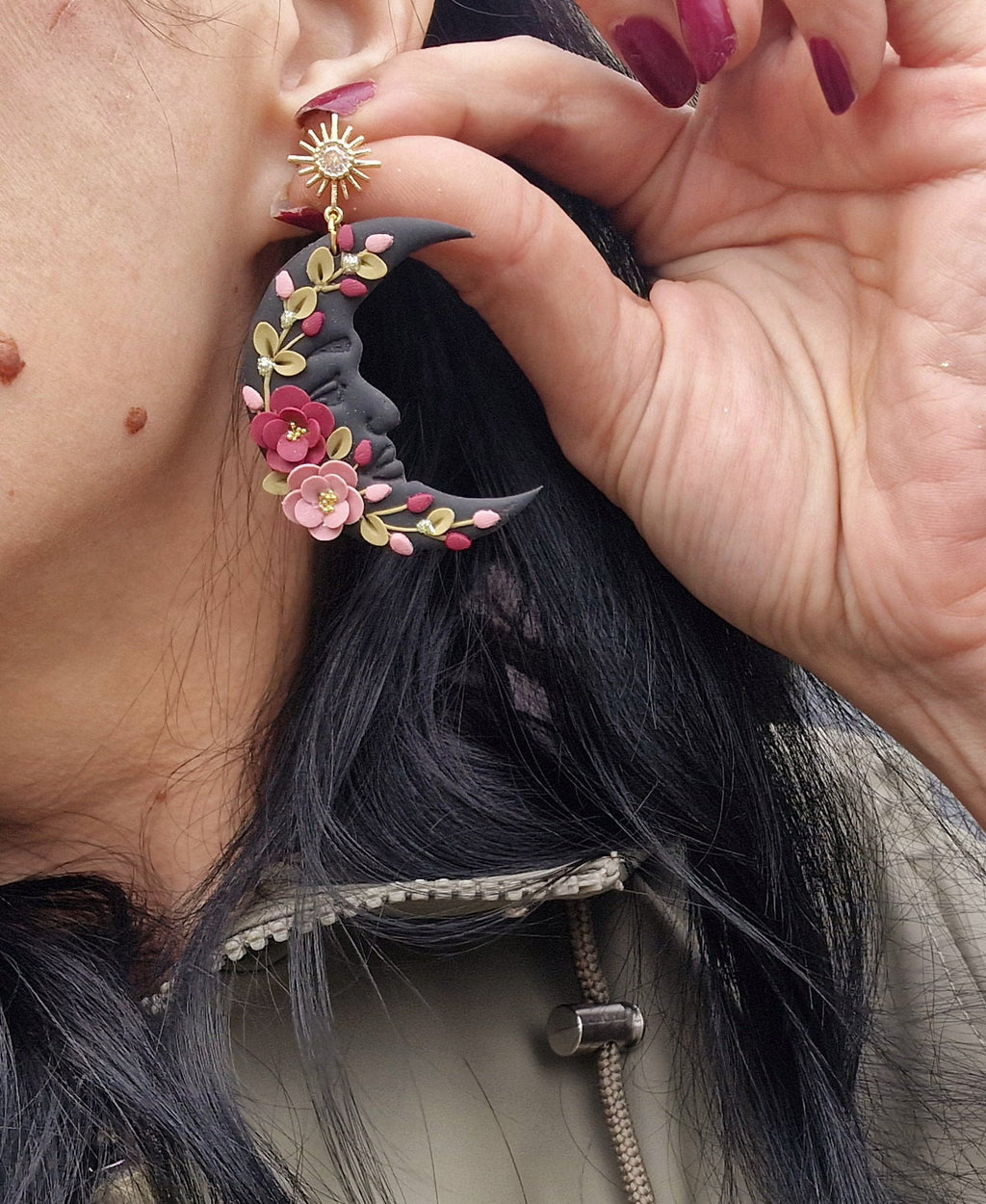 pink floral moon earrings, celestial jewellery, gifts for her