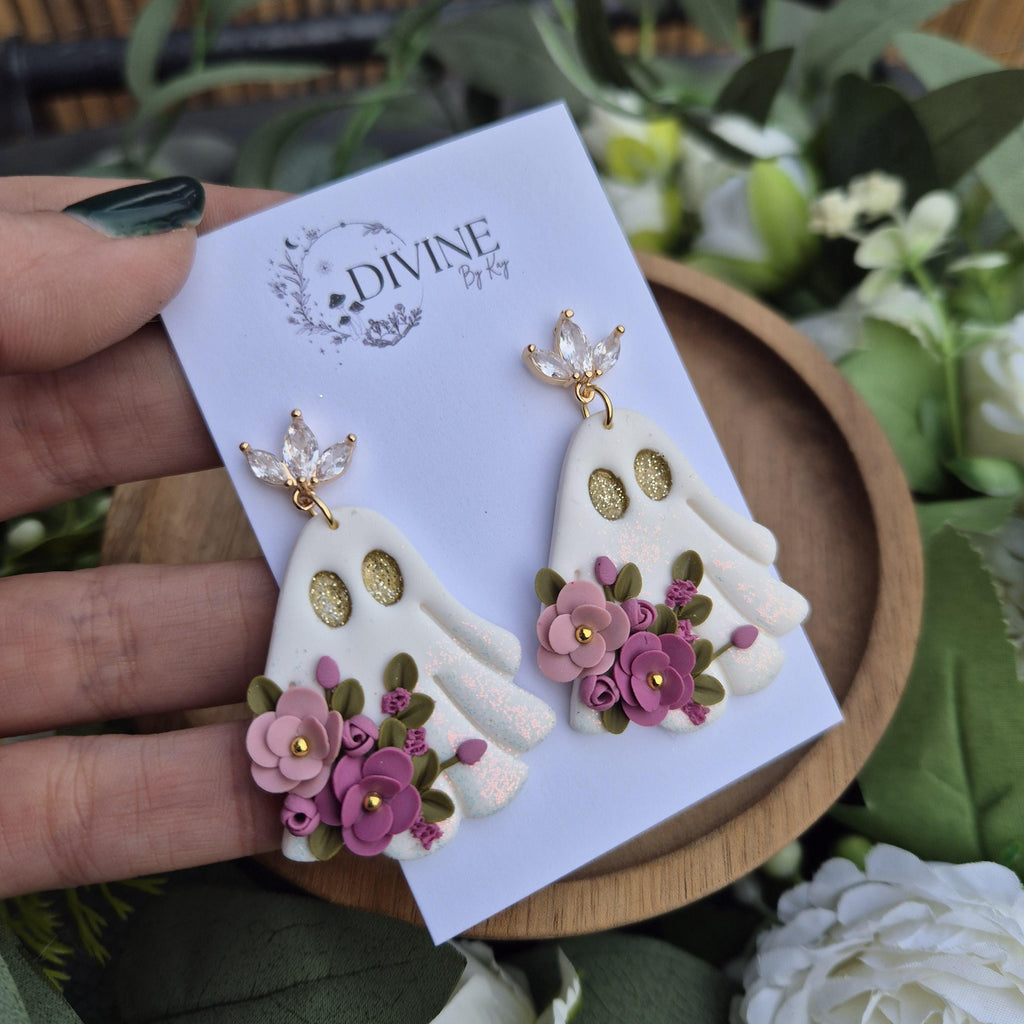 pink ghost earrings - whimsical jewellery - halloween earrings - unique earrings - clay earrings uk
