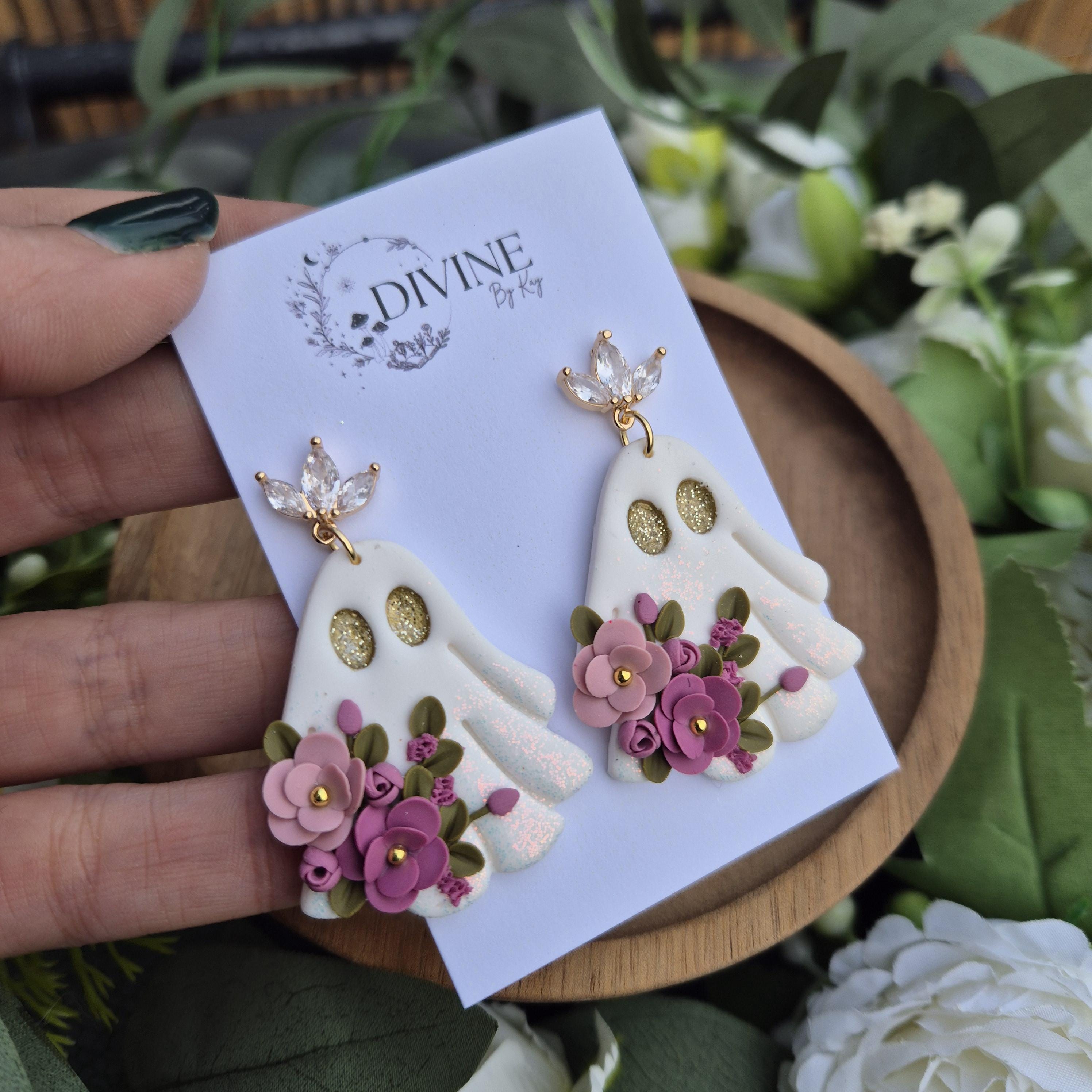 pink ghost earrings - whimsical jewellery - halloween earrings - unique earrings - clay earrings uk