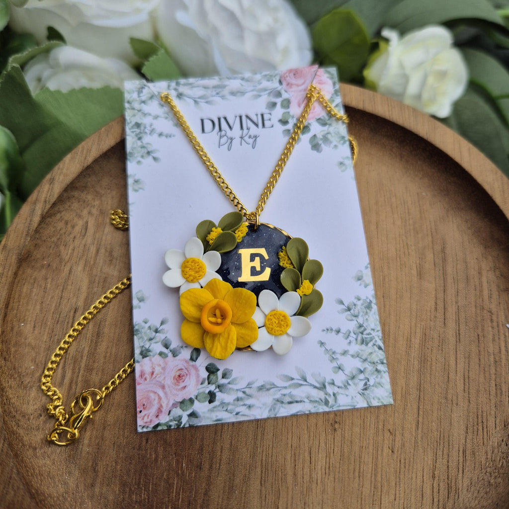 Spring flower initial pendant, mushroom necklace, birthday gifts for her, anniversary gift, nature lover gifts