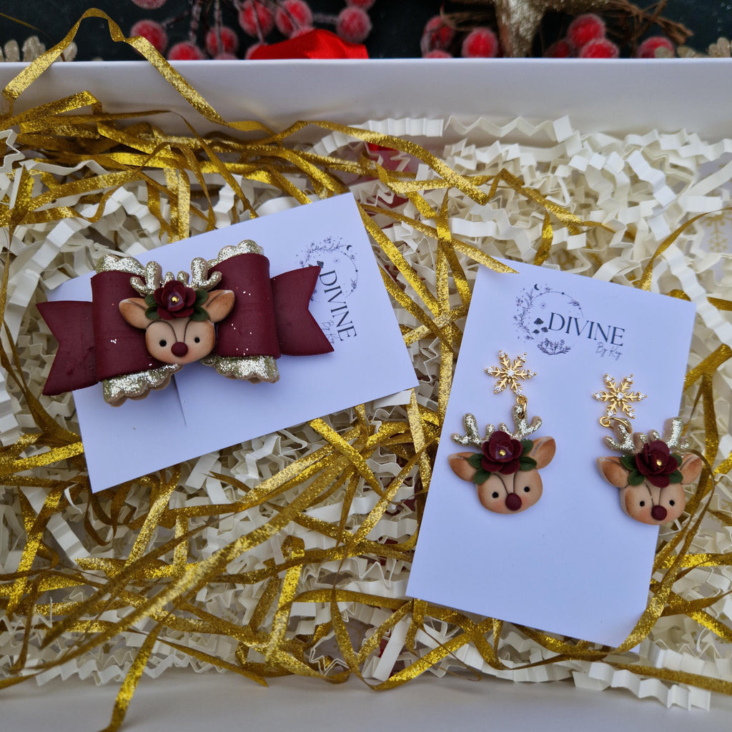 reindeer jewellery gift set, Christmas earrings, polymer clay earrings, handmade jewellery,