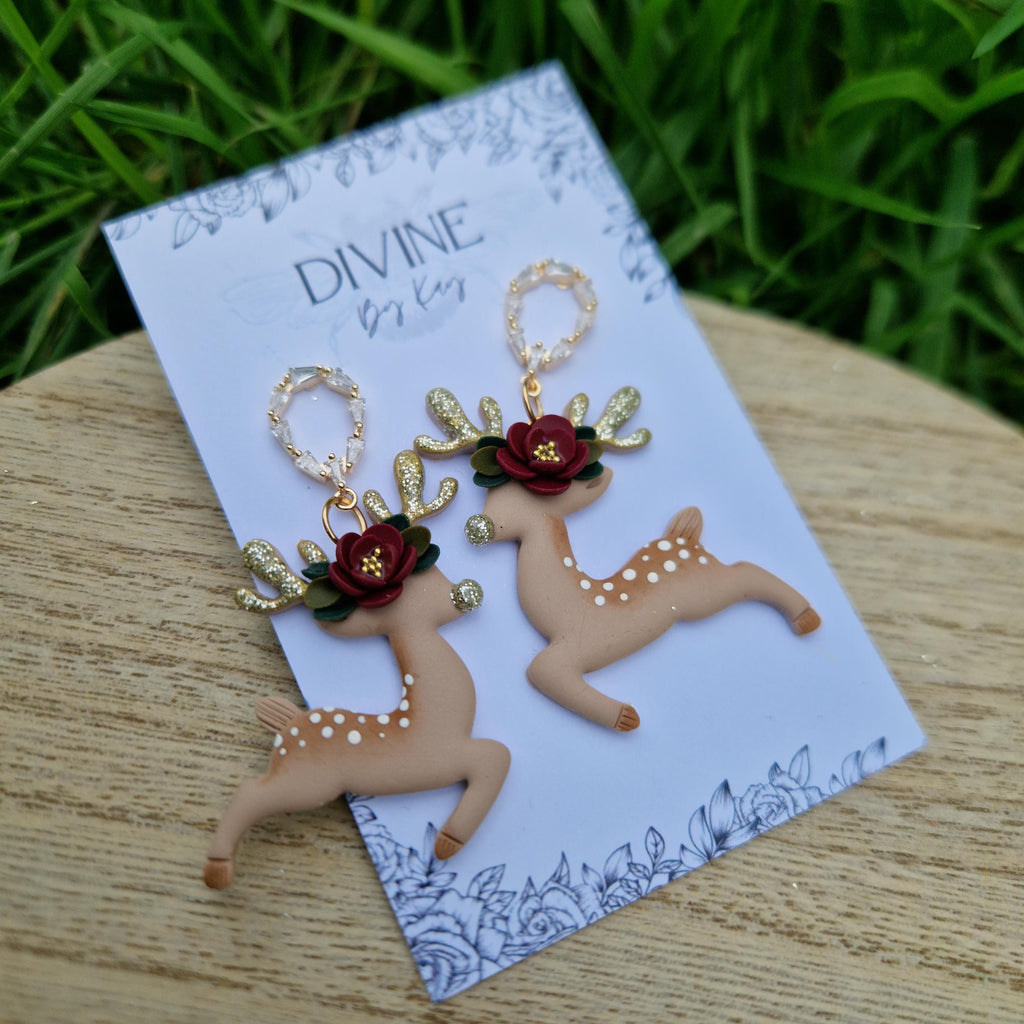 reindeer dangle earrings, Christmas earrings, polymer clay earrings, handmade jewellery,