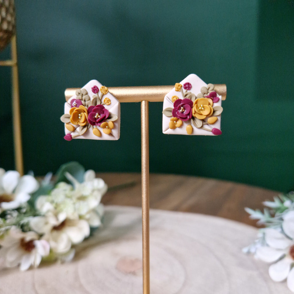 Floral envelope stud earrings - clay earrings - quirky earrings - gifts for her - statement jewellery