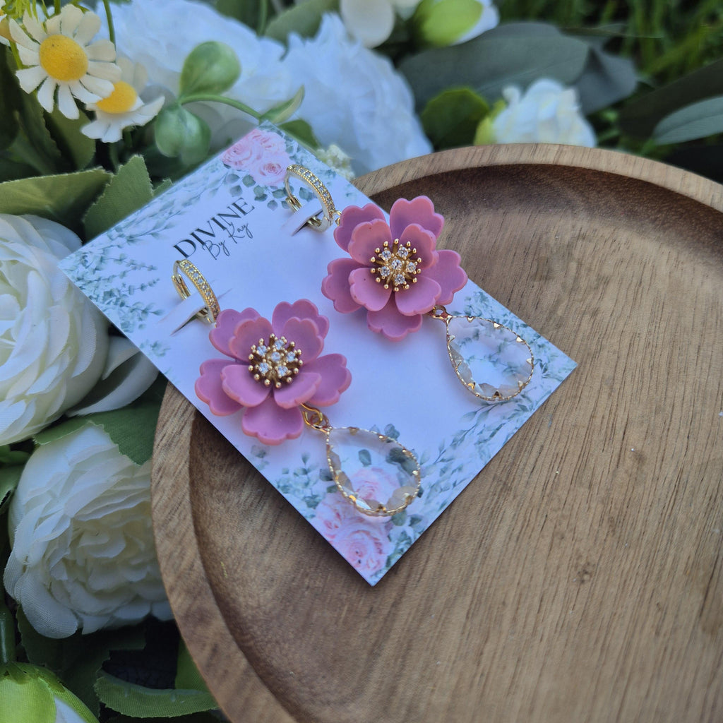 elegant pink dangle earrings - clay earrings  - gifts for her - flower earrings