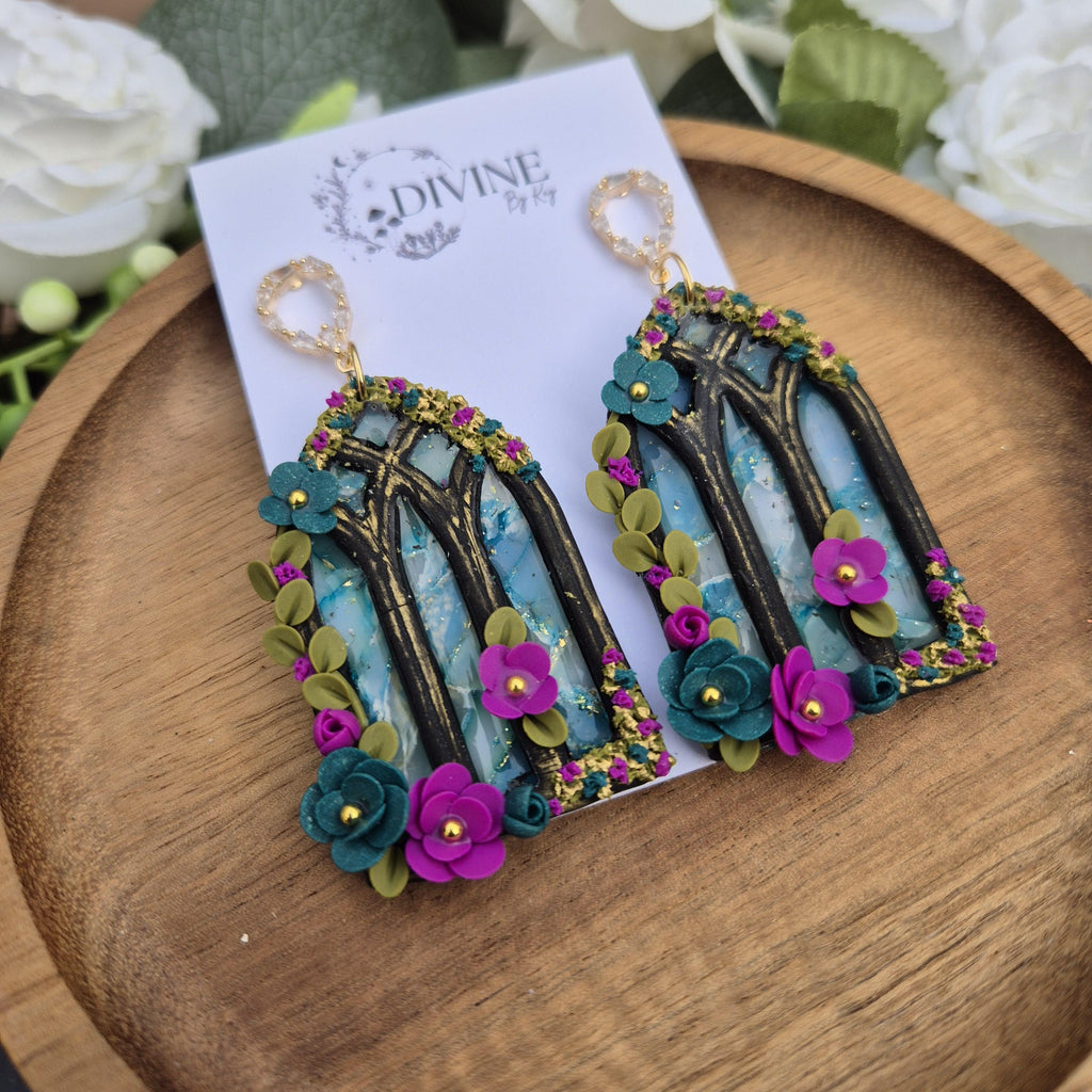 gothic window earrings - stained glass windows - celestial dangle earrings
