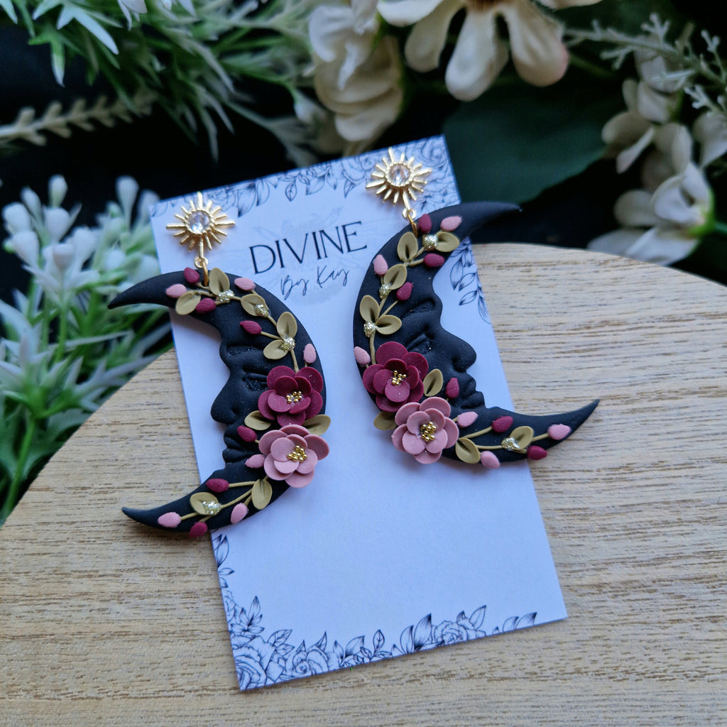 pink floral moon earrings, celestial jewellery, gifts for her