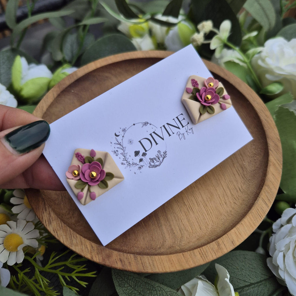 Floral envelope stud earrings - clay earrings - quirky earrings - gifts for her - statement jewellery